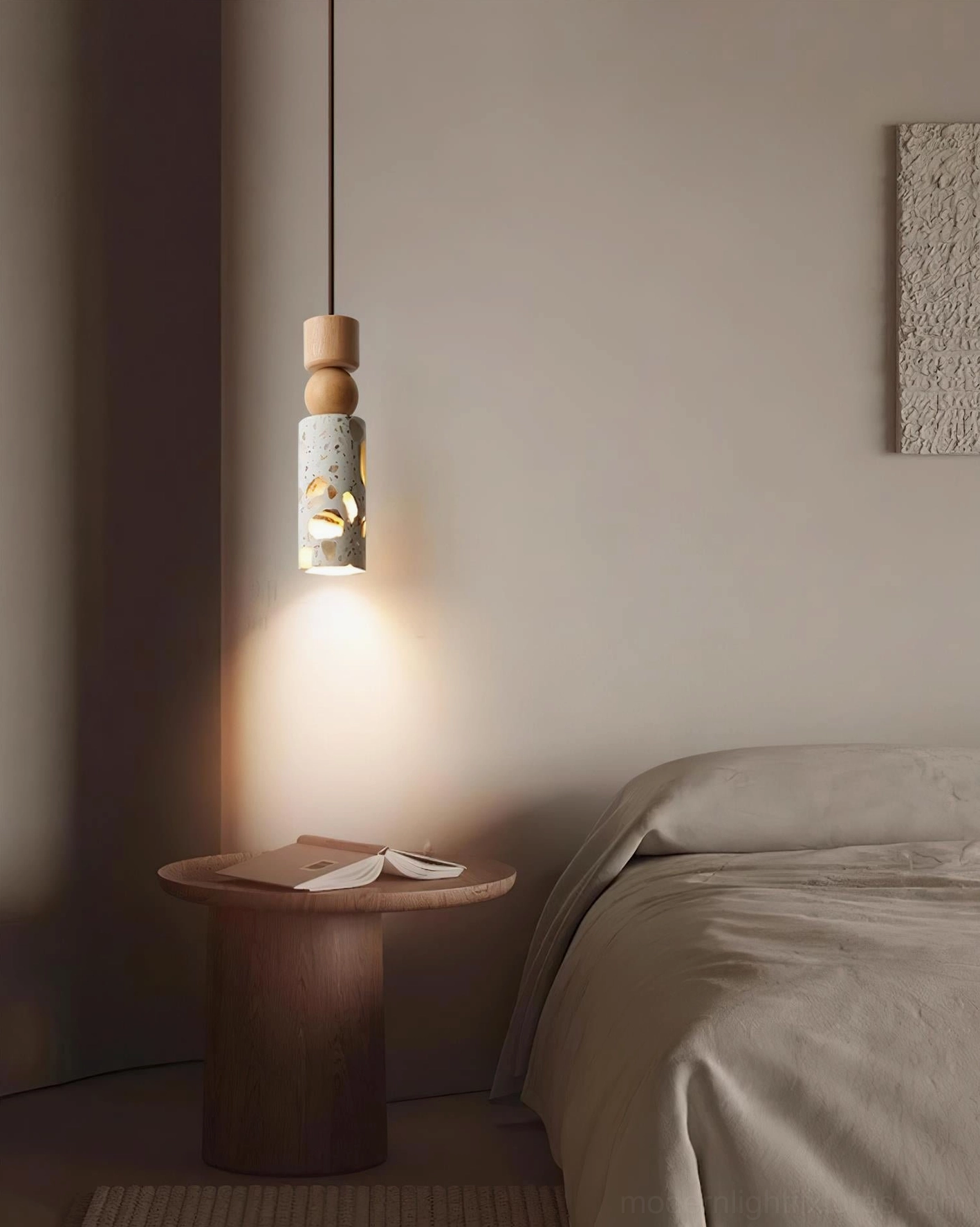 Artena modern terrazzo pendant light in bedroom with light wood accent cap and warm glow