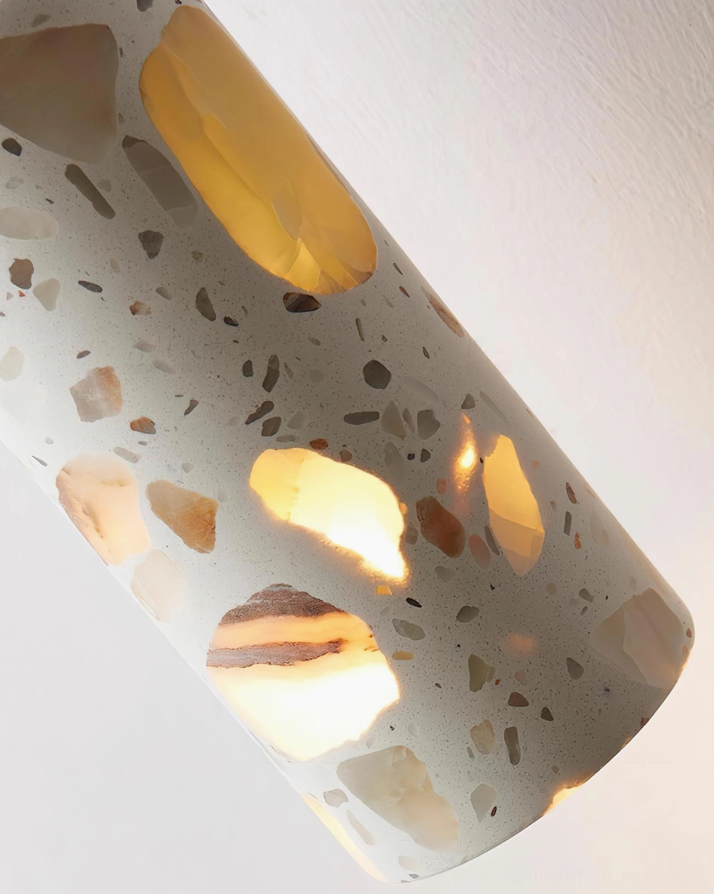 Artena pendant light complete product view showing terrazzo shade and wooden accent cap construction