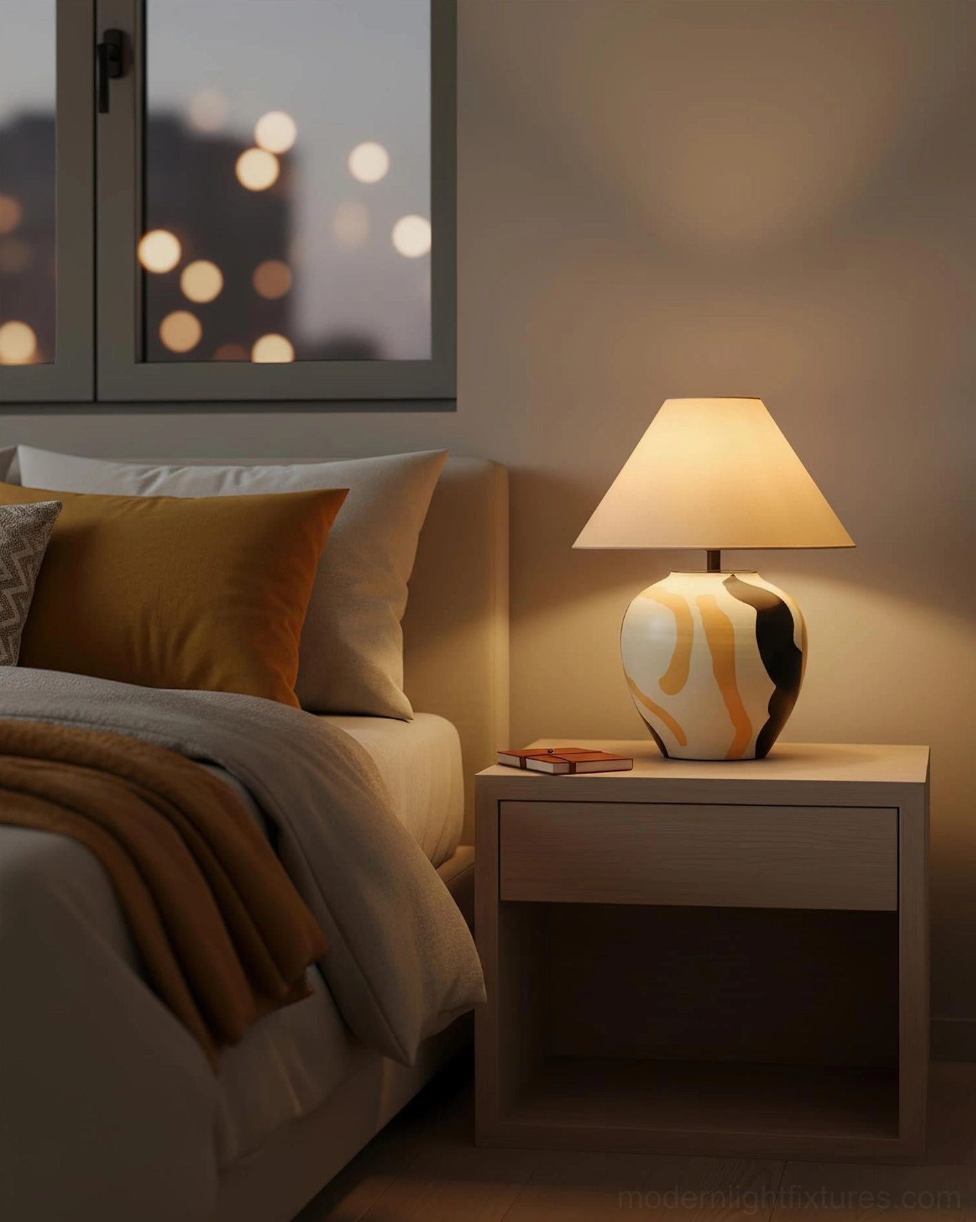 Desert Swirl table lamp showcasing artisan craftsmanship in ceramic hand-painted base with contemporary fabric shade