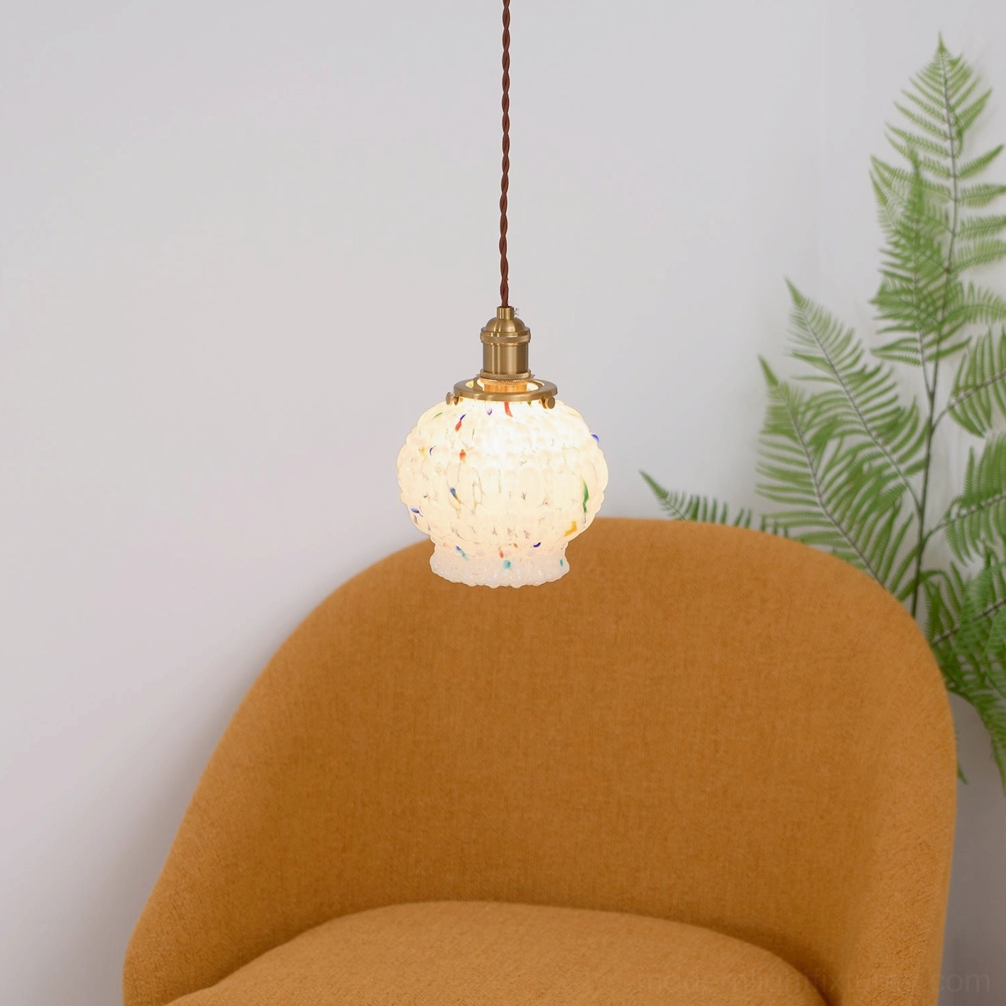 Kano Bubbles glass pendant lamp detail, artistic hand-blown shade with embedded color flecks, premium artisanal lighting design