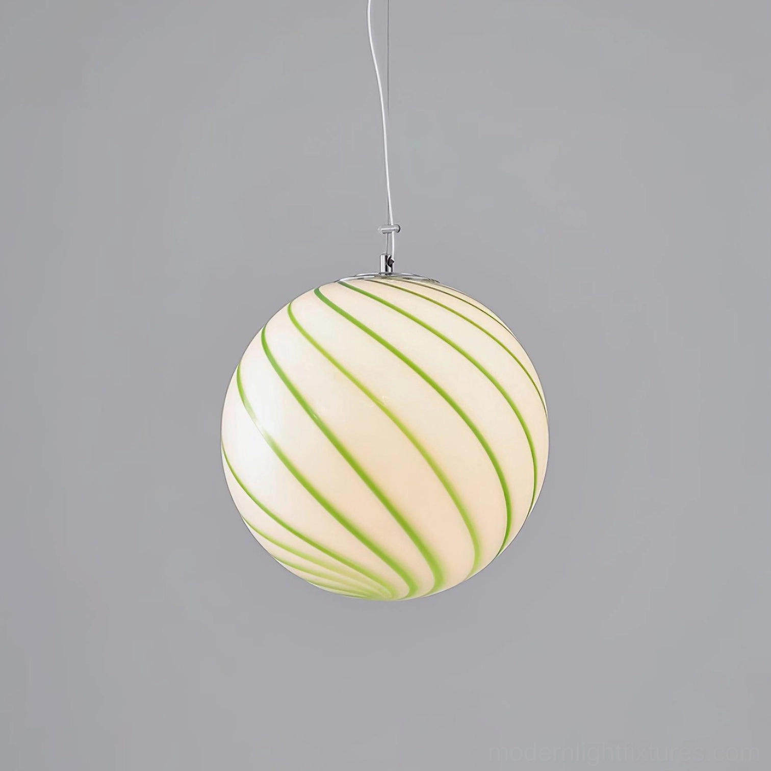 Artisan hand-blown glass pendant lamp with spiral stripe design, detailed view of craftsmanship and light diffusion quality