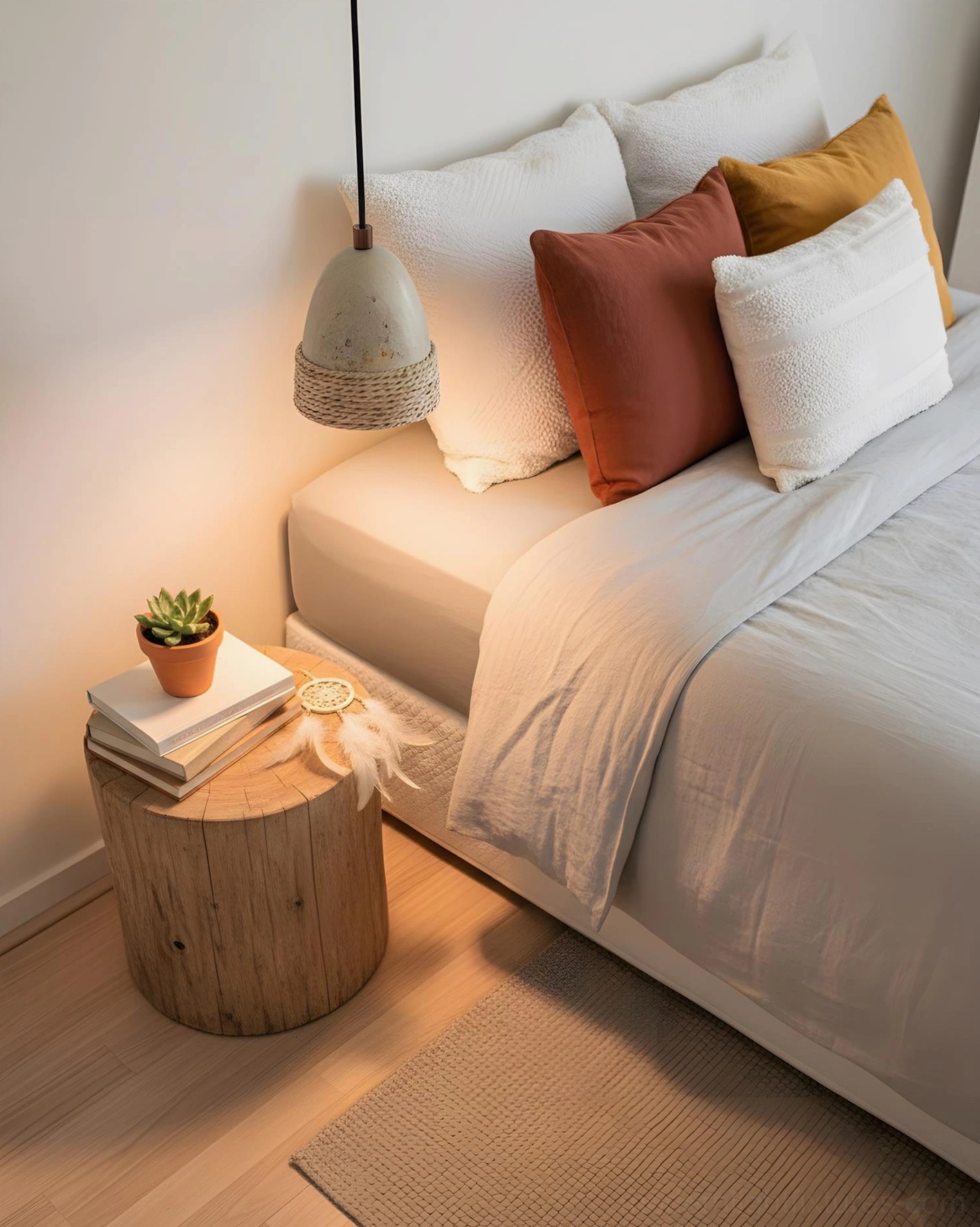 Hand-woven rattan and travertine pendant light detail showcasing natural material craftsmanship