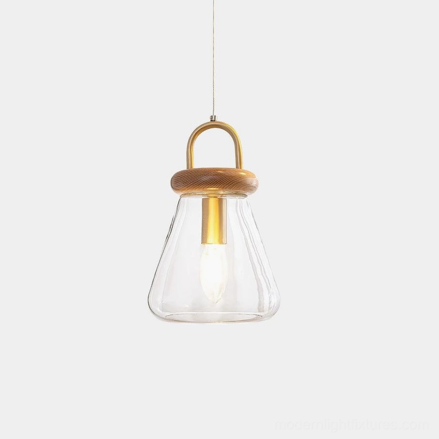 Artisan jar pendant light with brass hardware and ash wood accents, clear glass shade on white background
