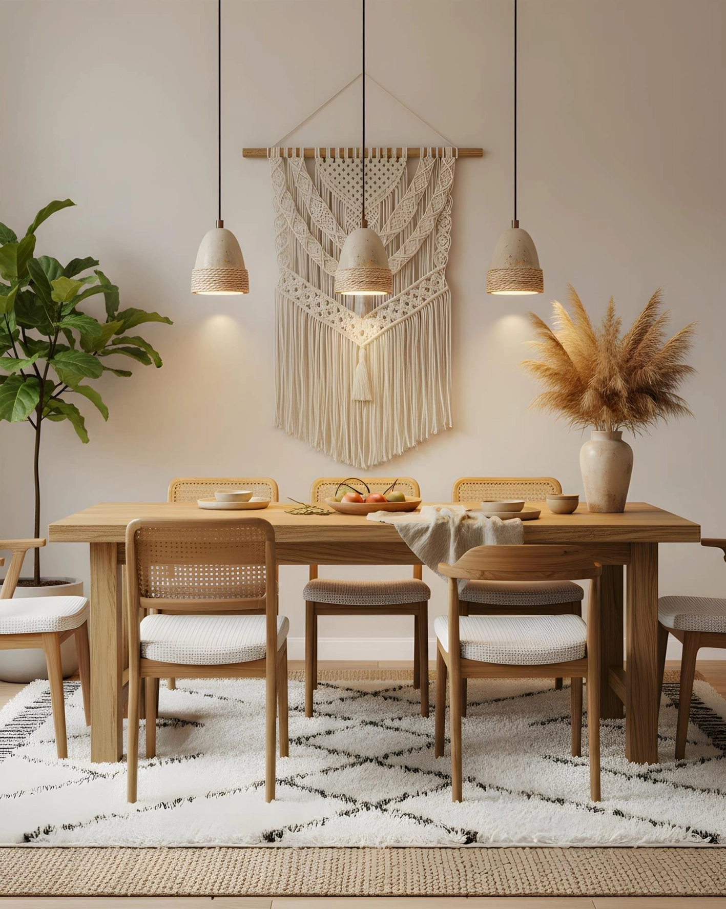 Baskra pendant lights creating warm ambient lighting in rustic bohemian dining room