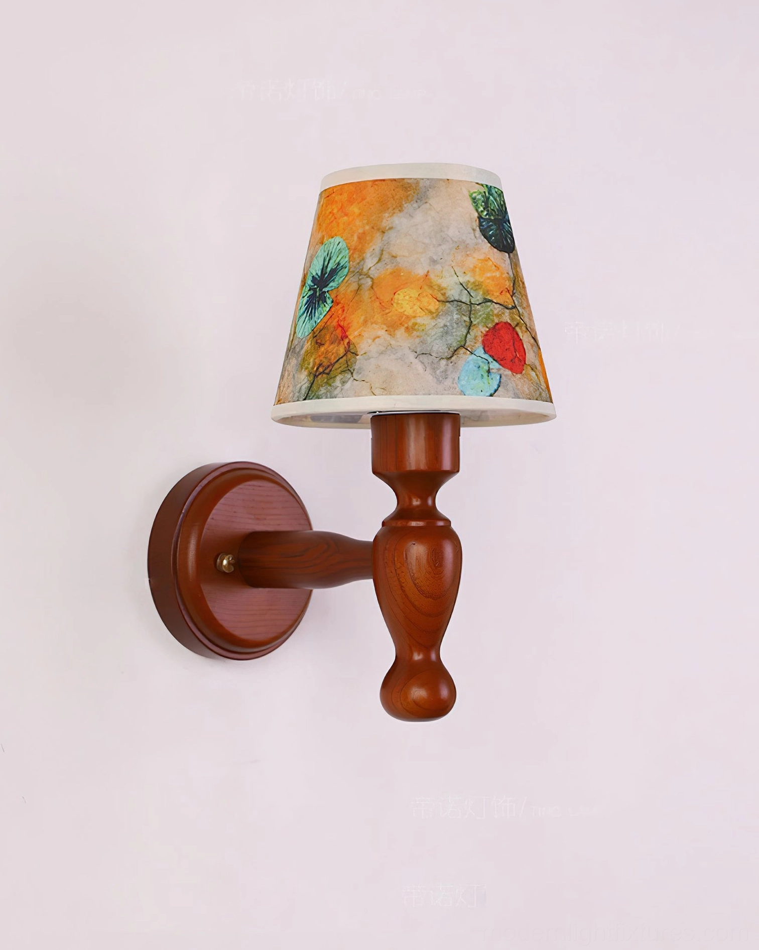 Artisan fabric shade wall sconce, wooden frame structure detail