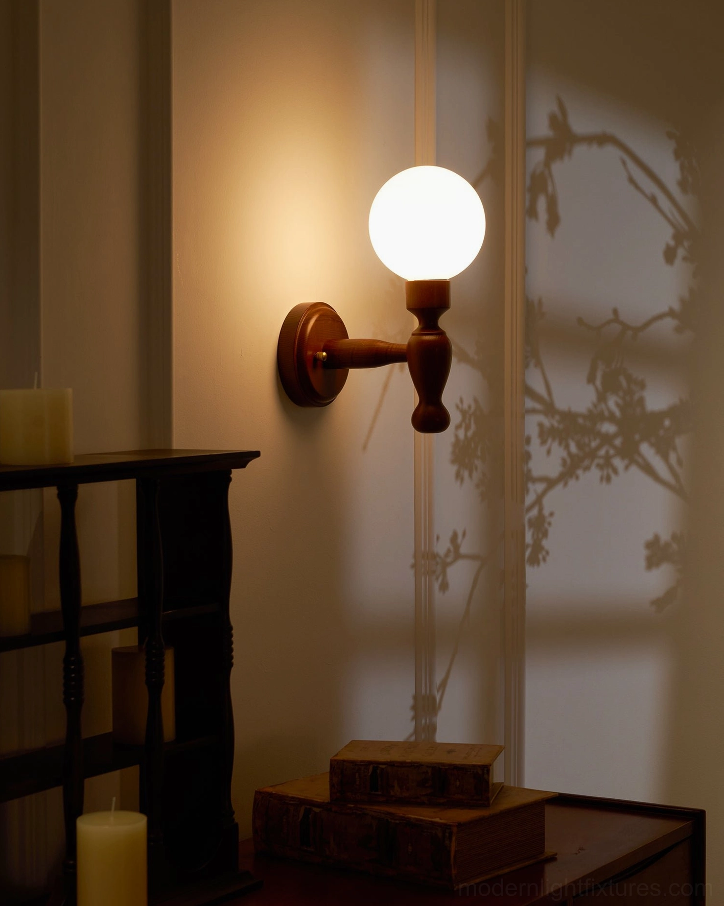 Artisan wood wall sconce with fabric shade, full product view showcase