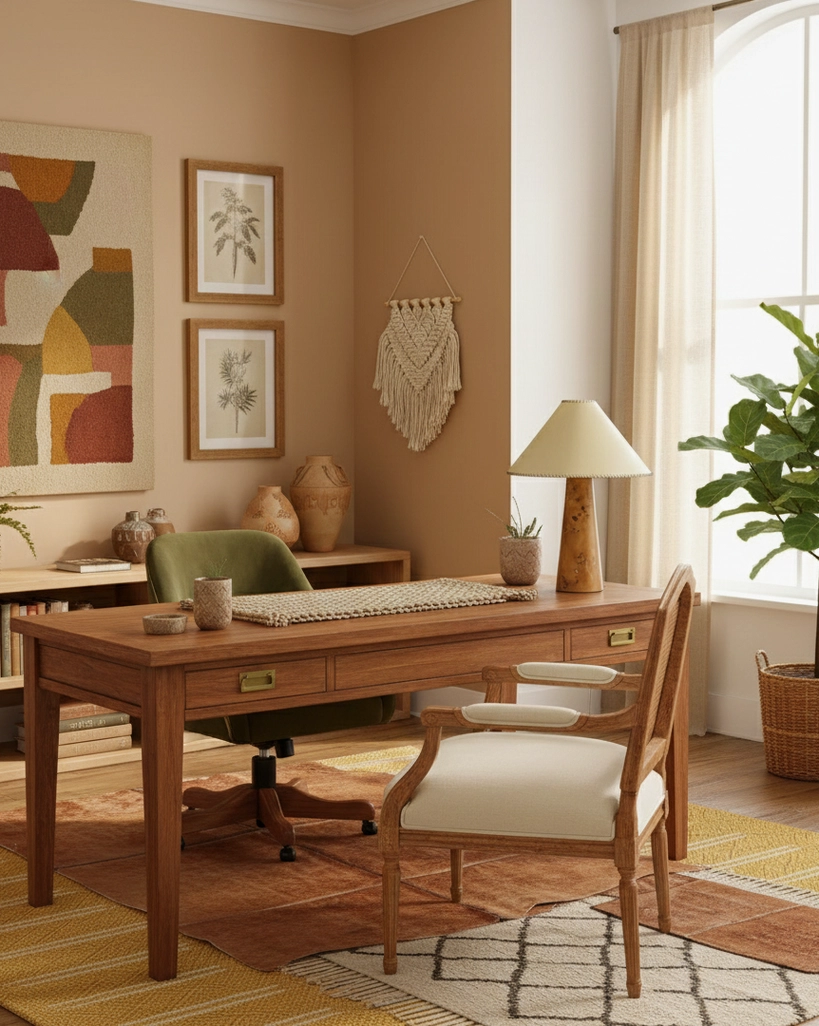 Handcrafted wood table lamp with natural grain detail and fabric shade accent piece