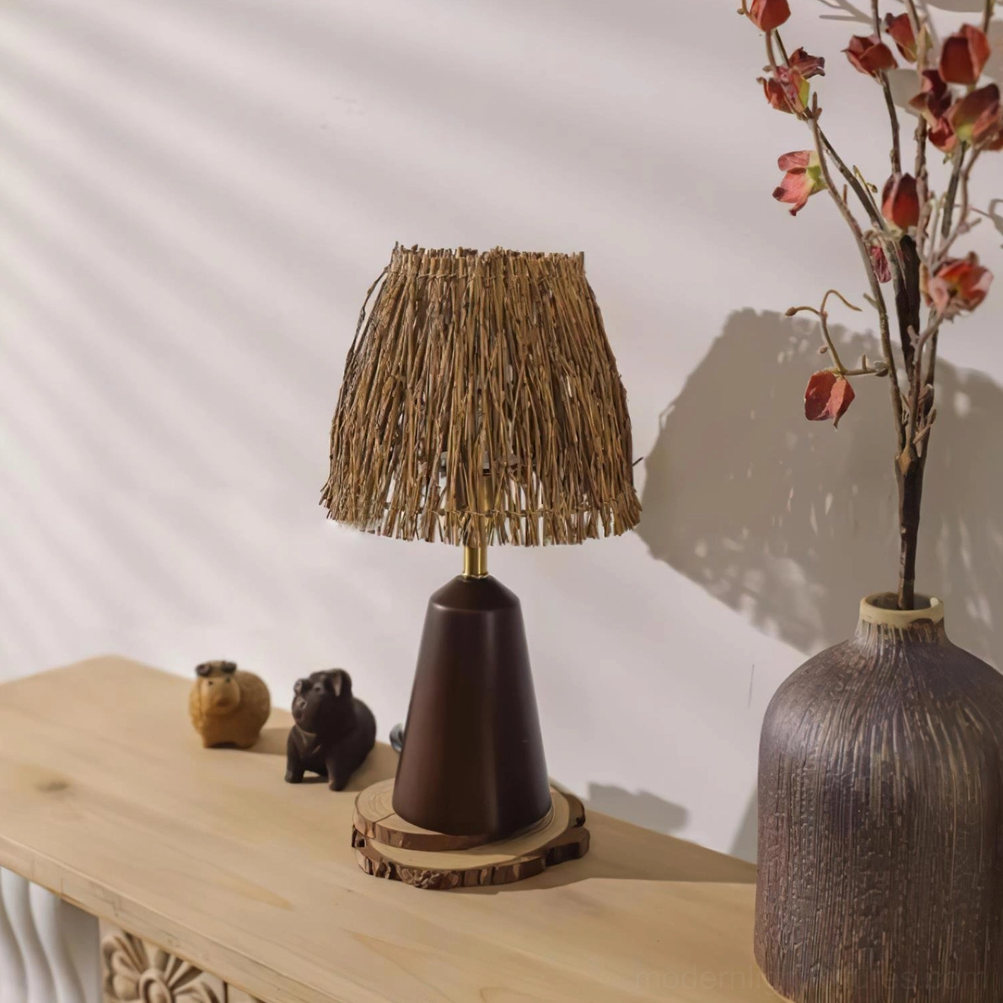 Rustic artisanal bohemian table lamp with conical straw shade and natural wood base