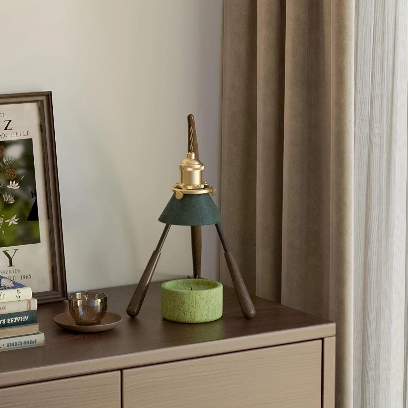 Artisanal candle warmer lamp mantis silhouette, hand-crafted walnut wood aromatherapy lighting