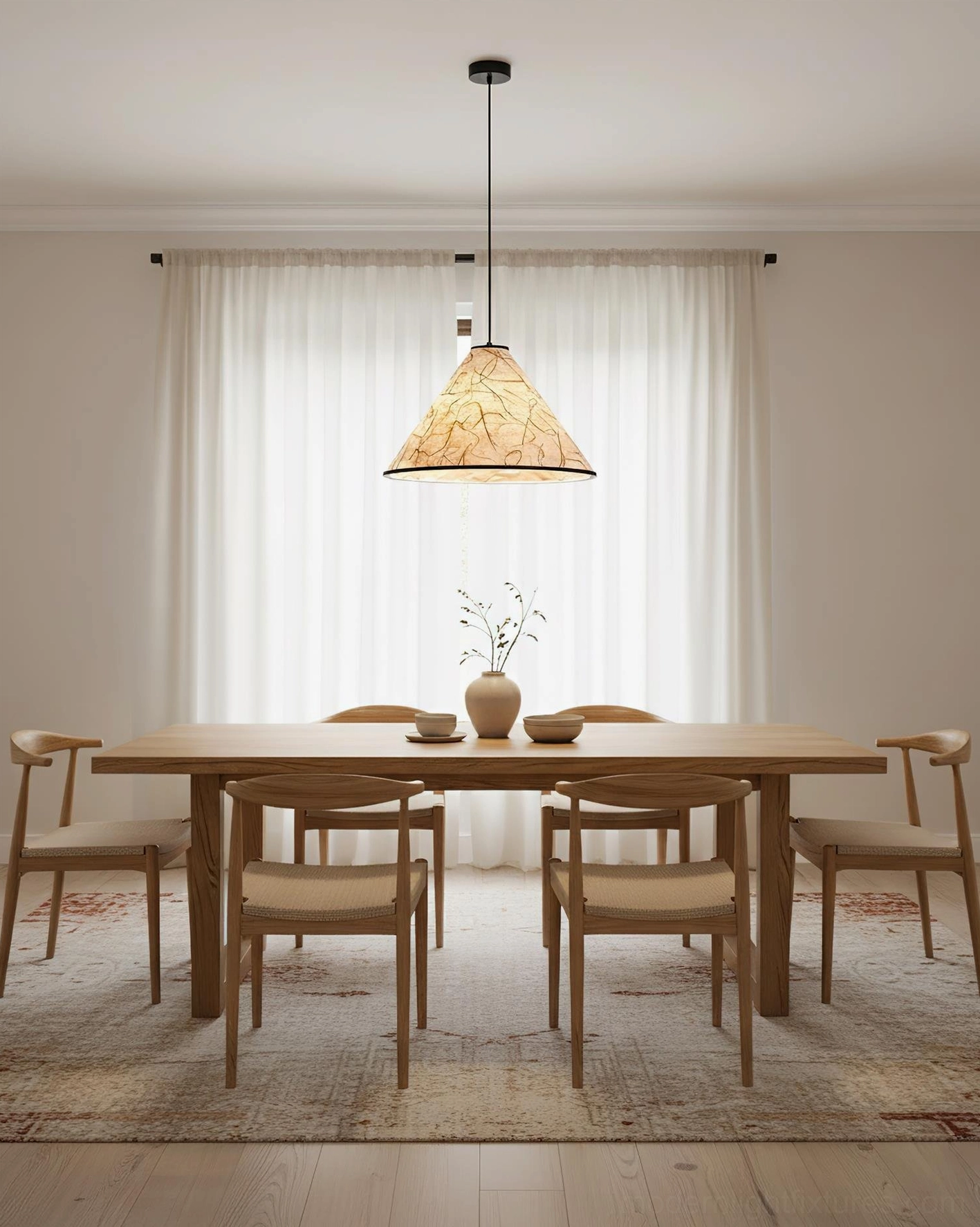 Modern cone pendant fixture with organic fiber texture in contemporary wooden dining area natural daylight