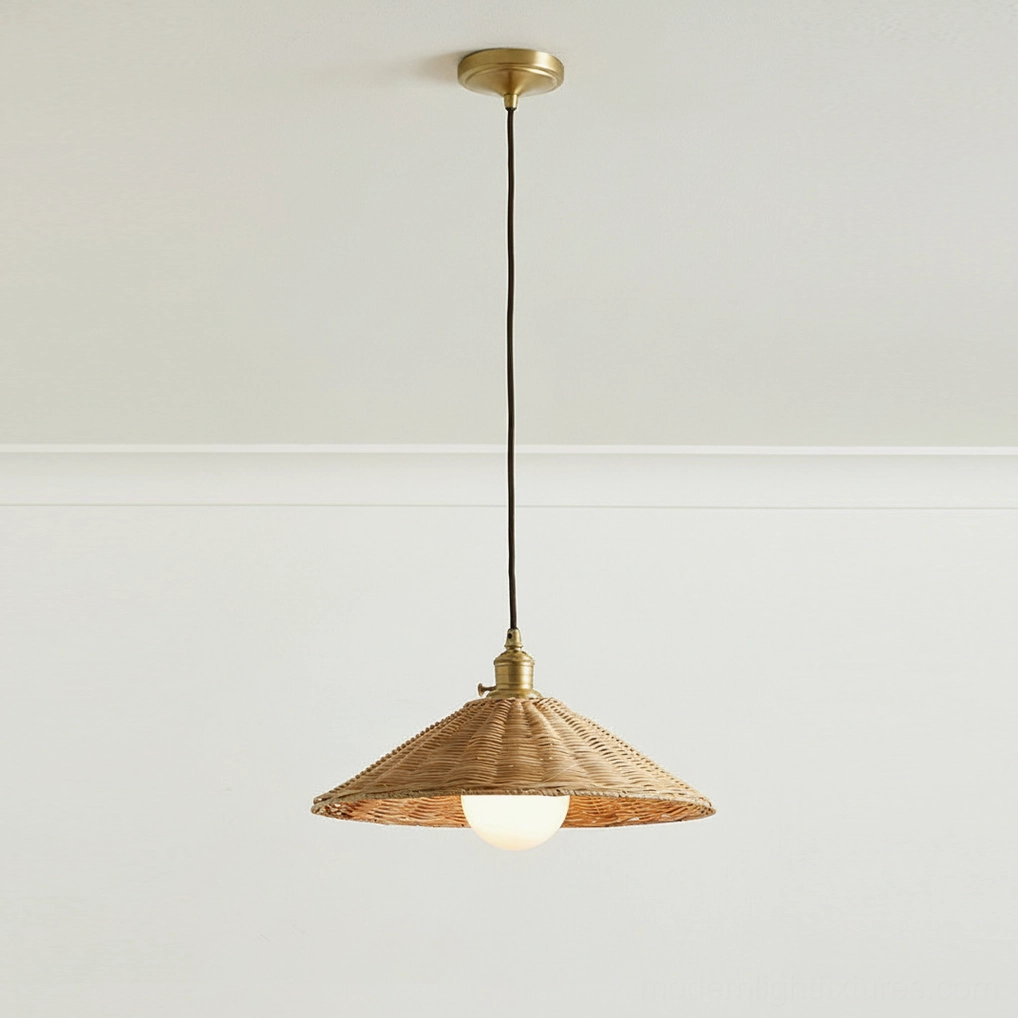 Artisanal handwoven rattan pendant light with gold accents perfect for bohemian transitional home design