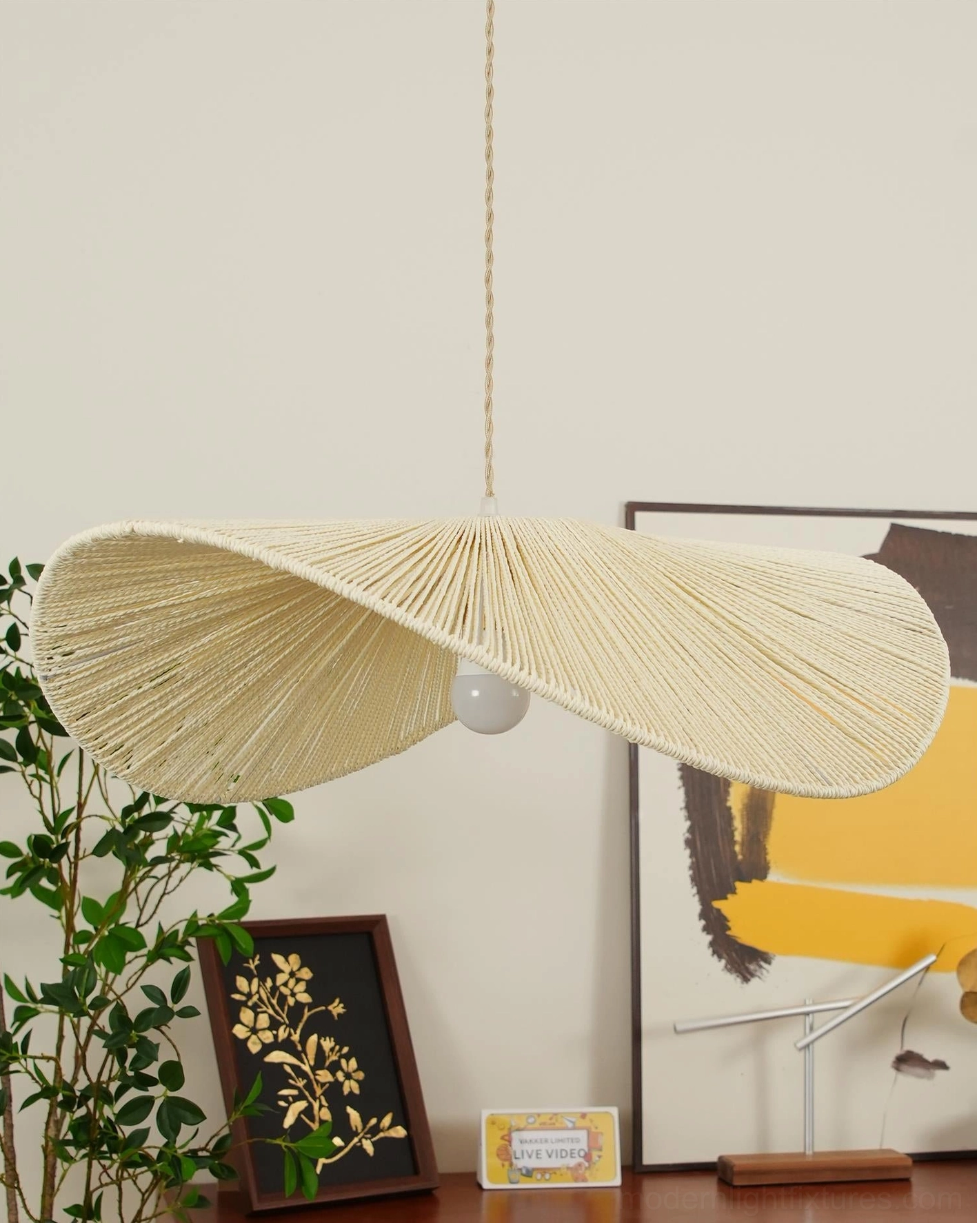 Artisanal handwoven straw hat pendant light showcasing natural rope texture and weave authenticity