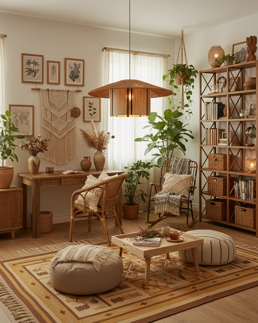 Handcrafted bohemian pendant lamp in cozy study and living room environment, warm glow creating intimate ambiance