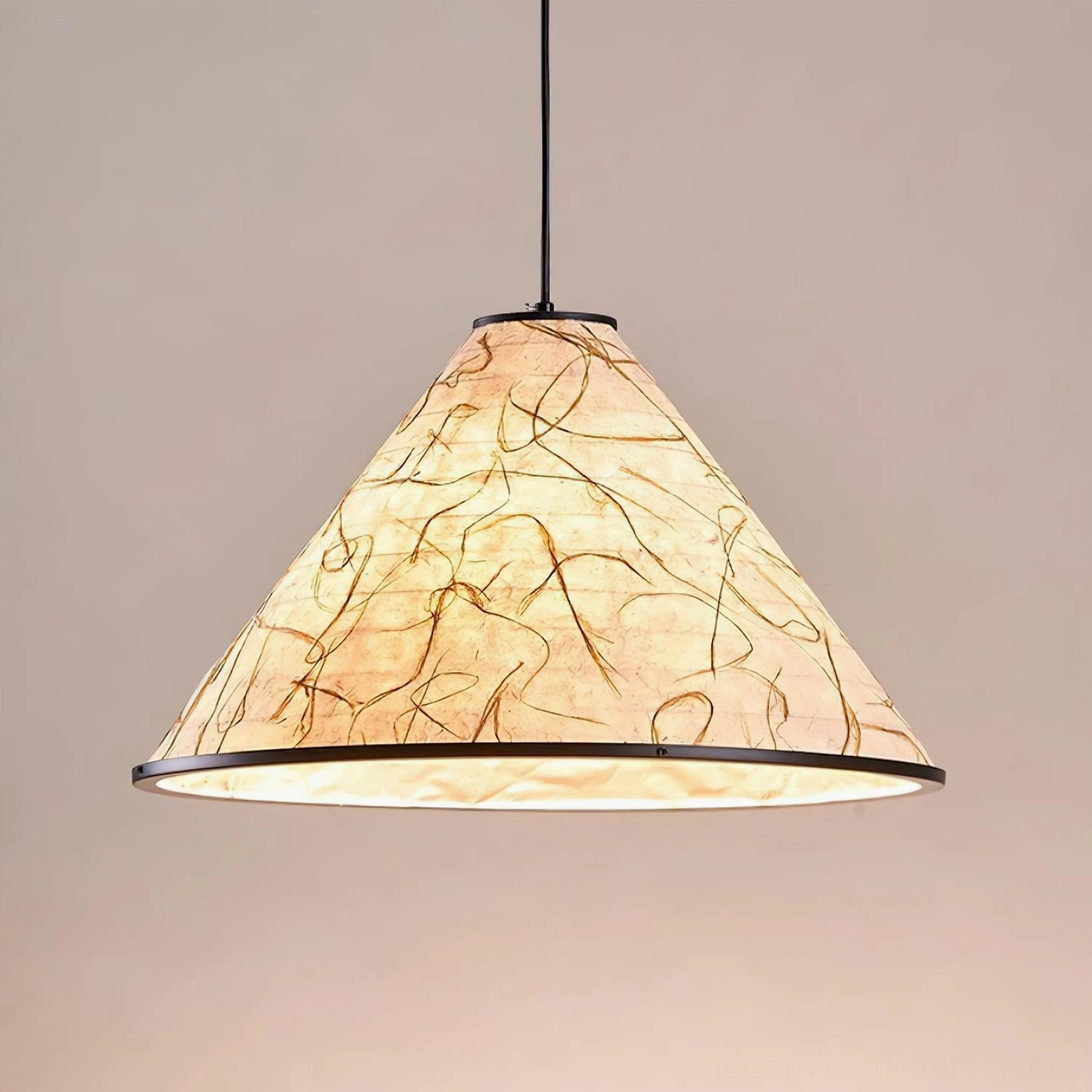 Handcrafted rice paper cone pendant lamp with visible organic fiber detail and black metal frame