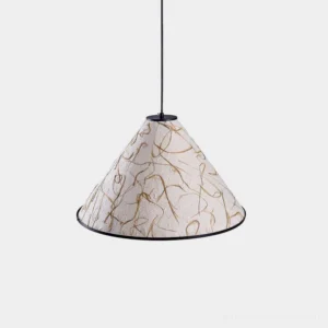 Handcrafted rice paper cone pendant lamp with organic fiber texture and black metal frame, studio close-up detail view