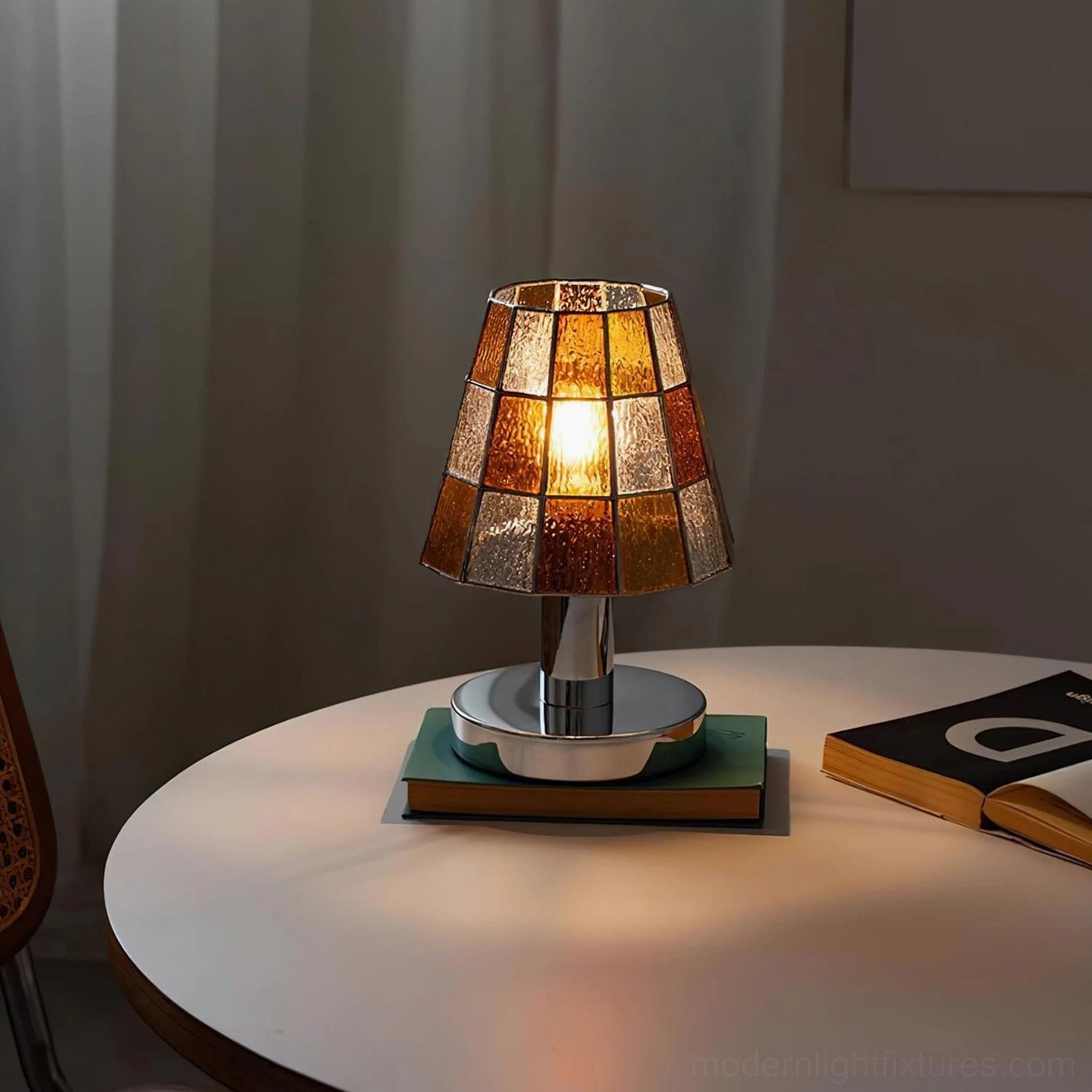 Artisanal stained glass table lamp with hand-cut geometric mosaic shade and premium chrome hardware