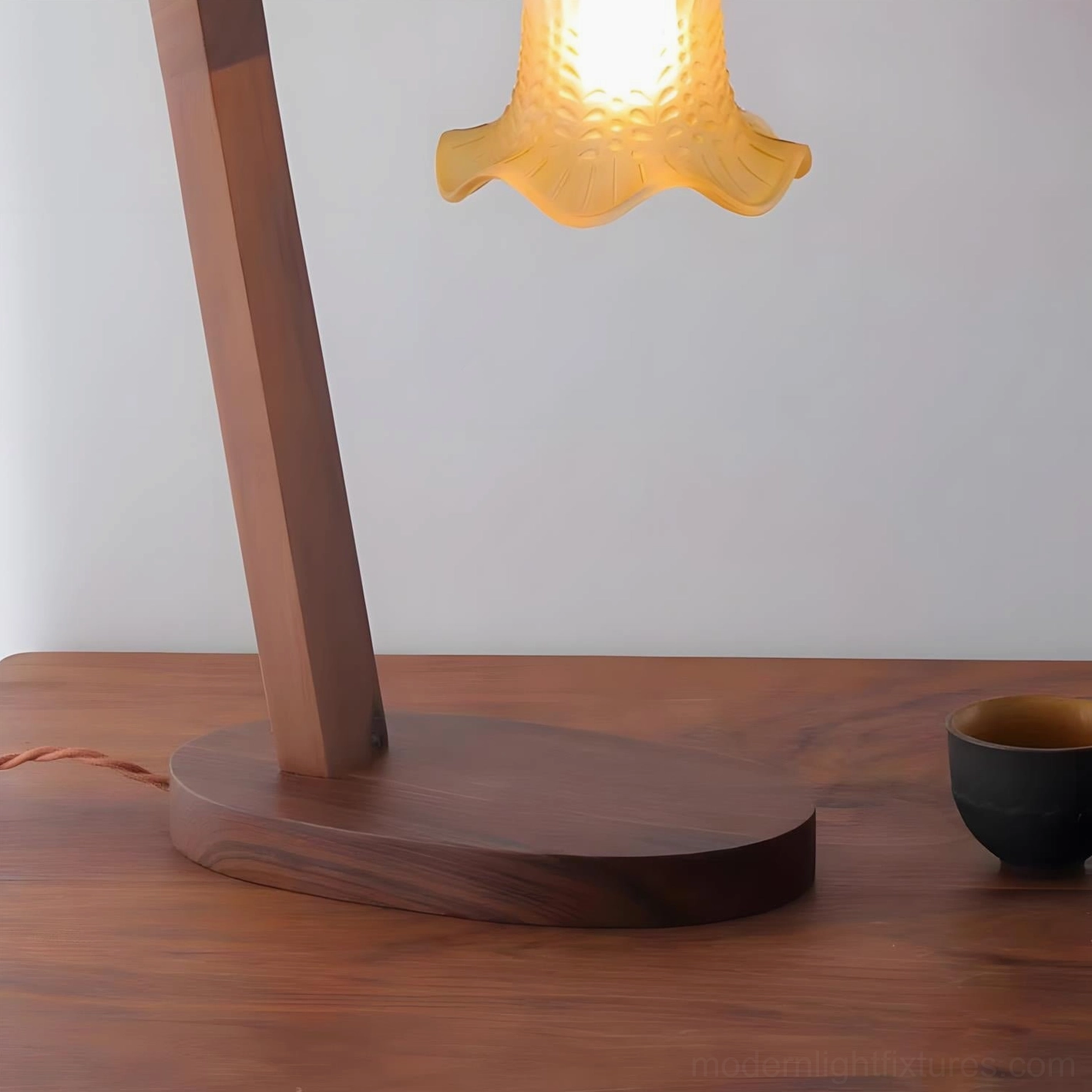 Artisanal walnut wood table lamp twisted fabric cord vintage brass accents