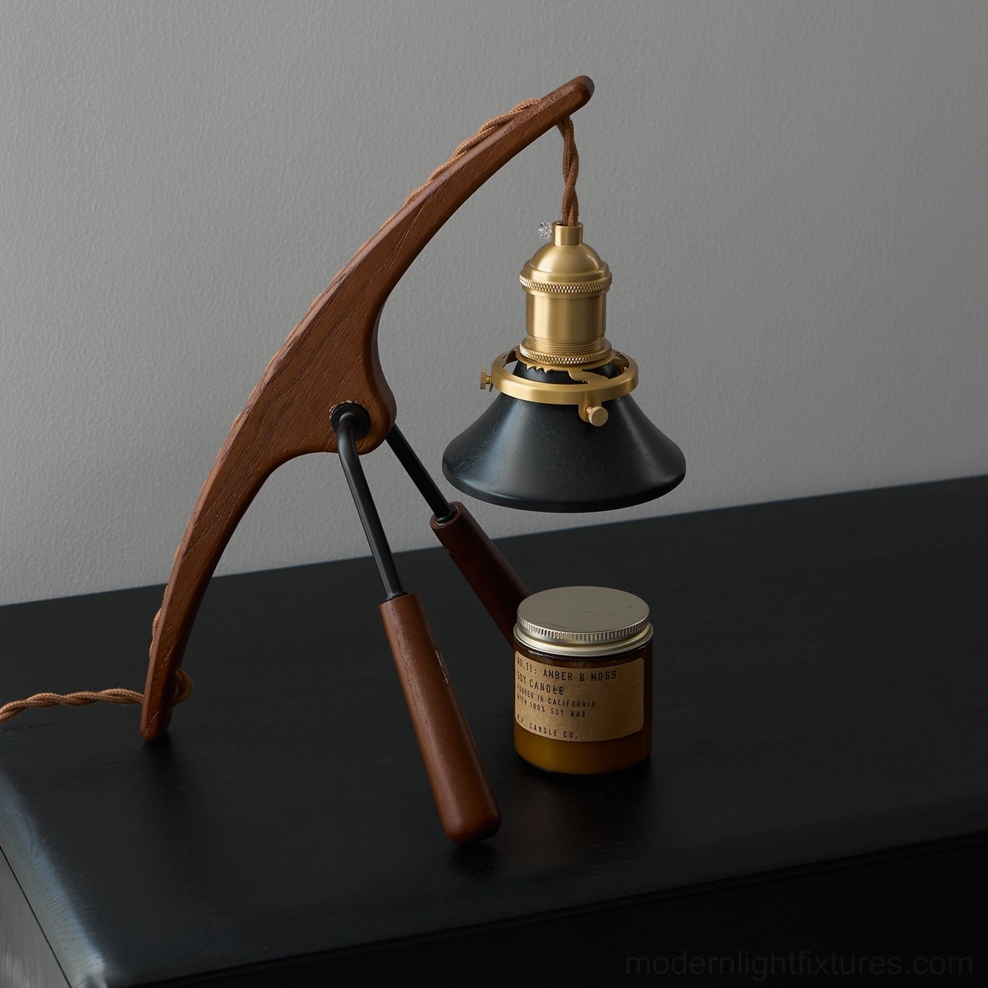Artisanal warmer lamp black walnut mantis sculpture, brass hardware, premium home accent lighting