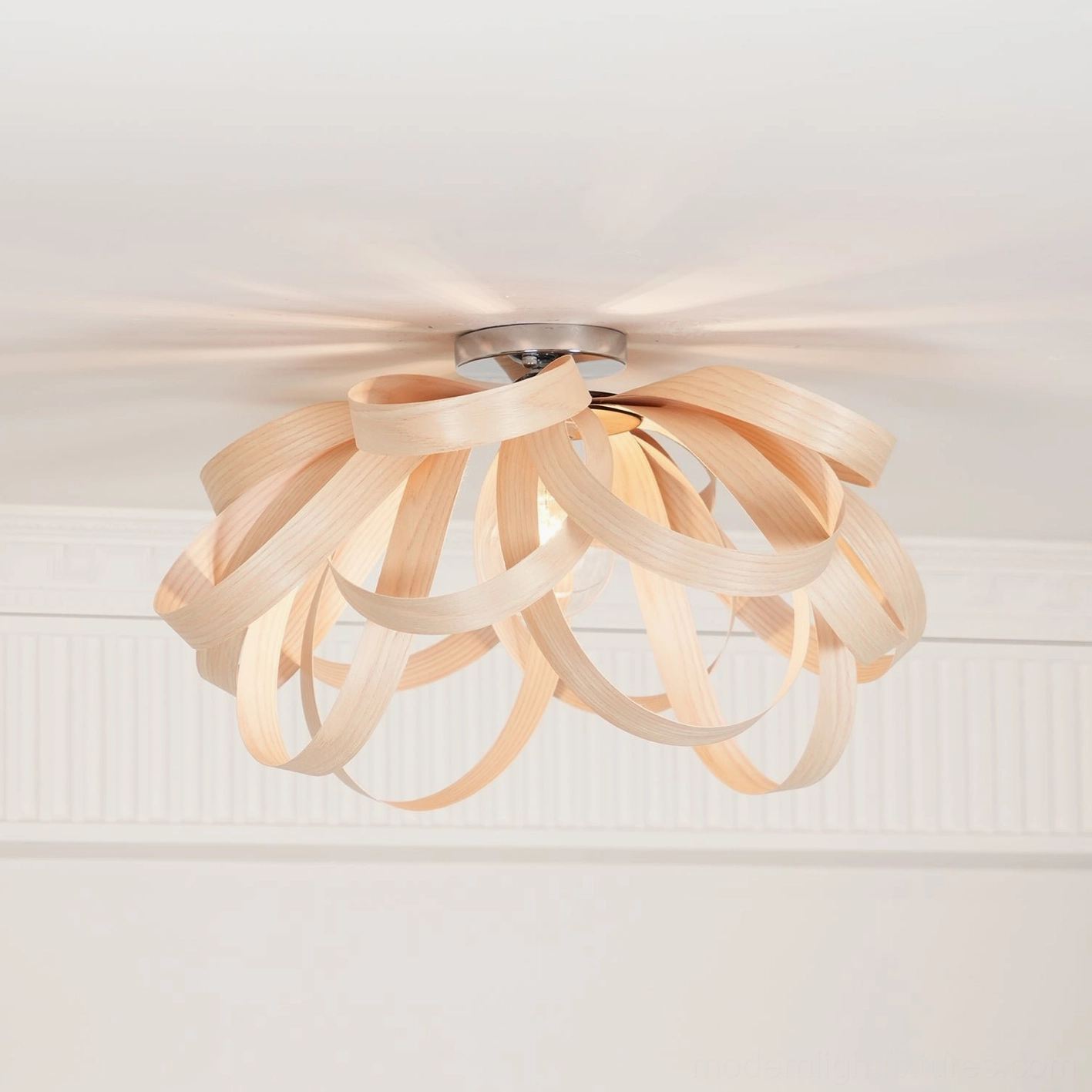 Artisanal wooden petal ceiling light contemporary interior design