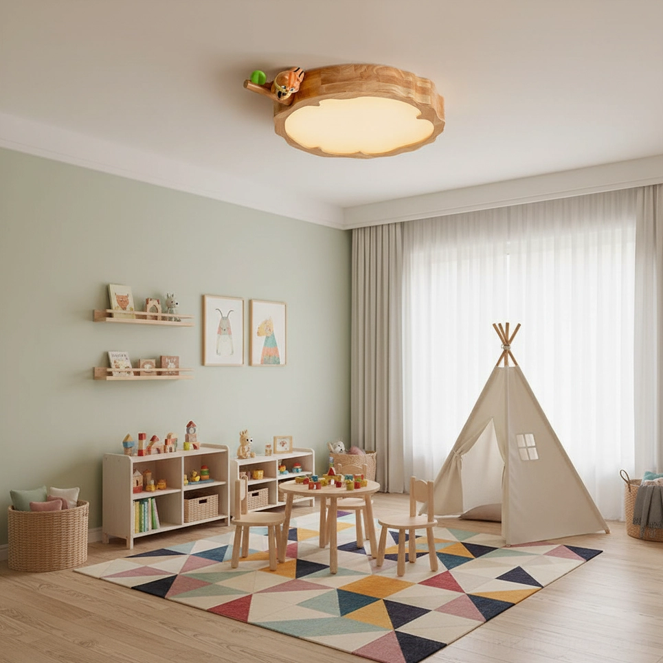 Artistic photograph of woodland animal ceiling lamp creating soft ambient lighting in contemporary kids room