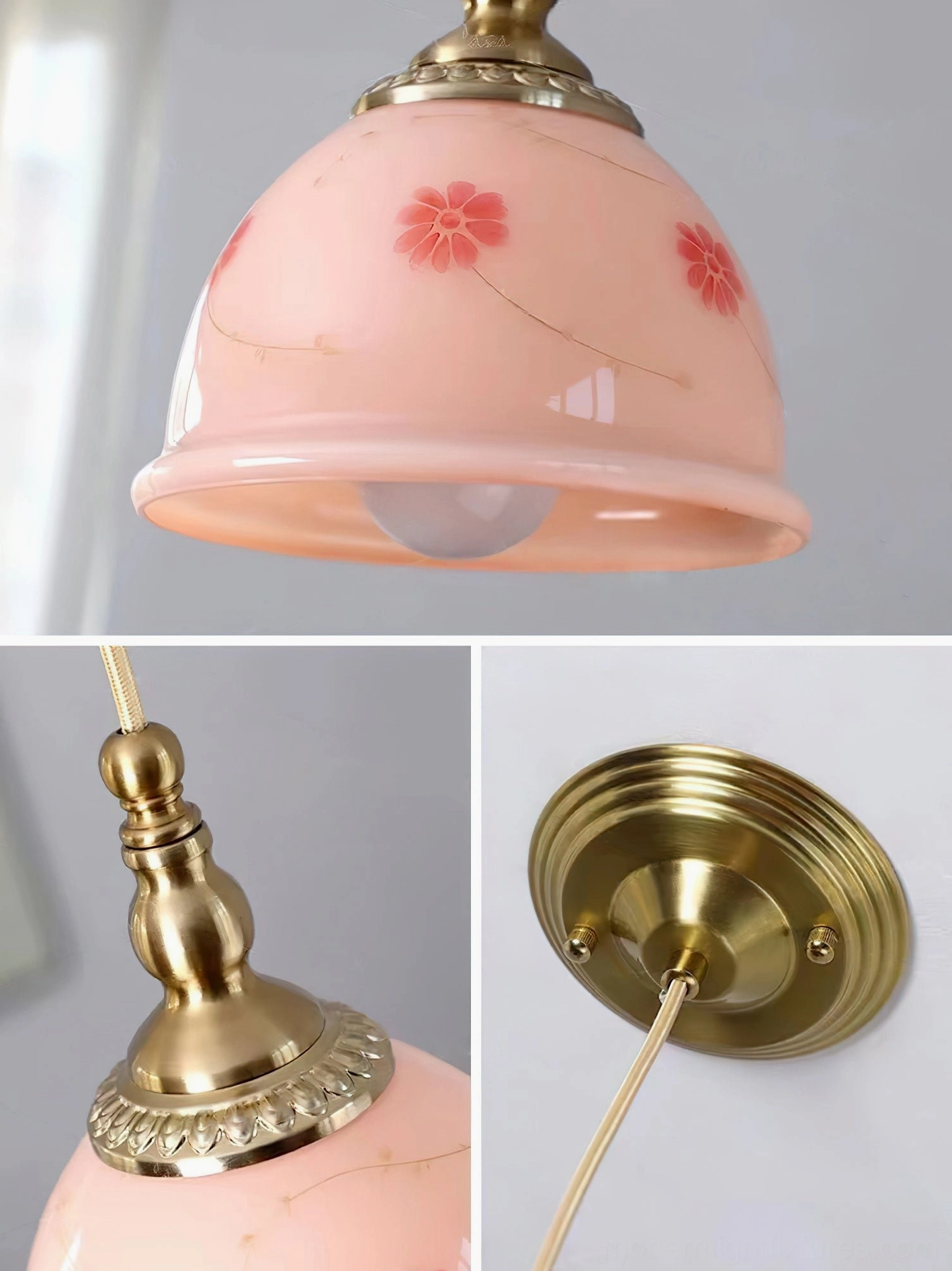 Artistic ceramic floral pendant lamp with hand-painted botanical details and vintage brass gold hardware
