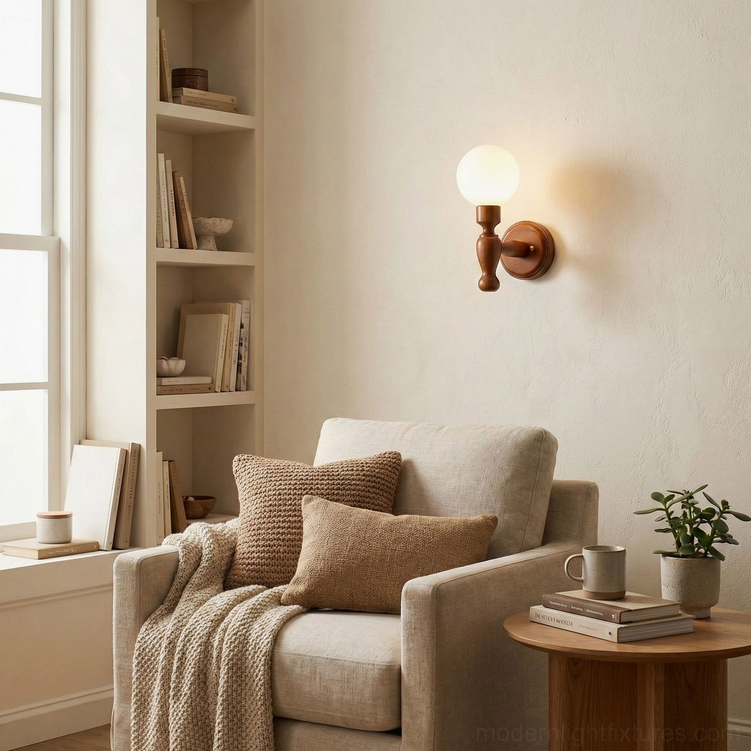 Modern wood wall lamp with artistic fabric shade, studio photography