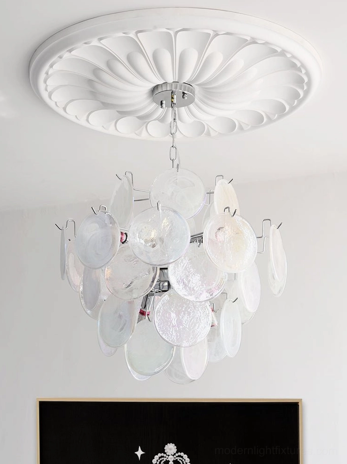 Artistic rendering of iridescent glass disc modern chandelier showing light behavior and color play