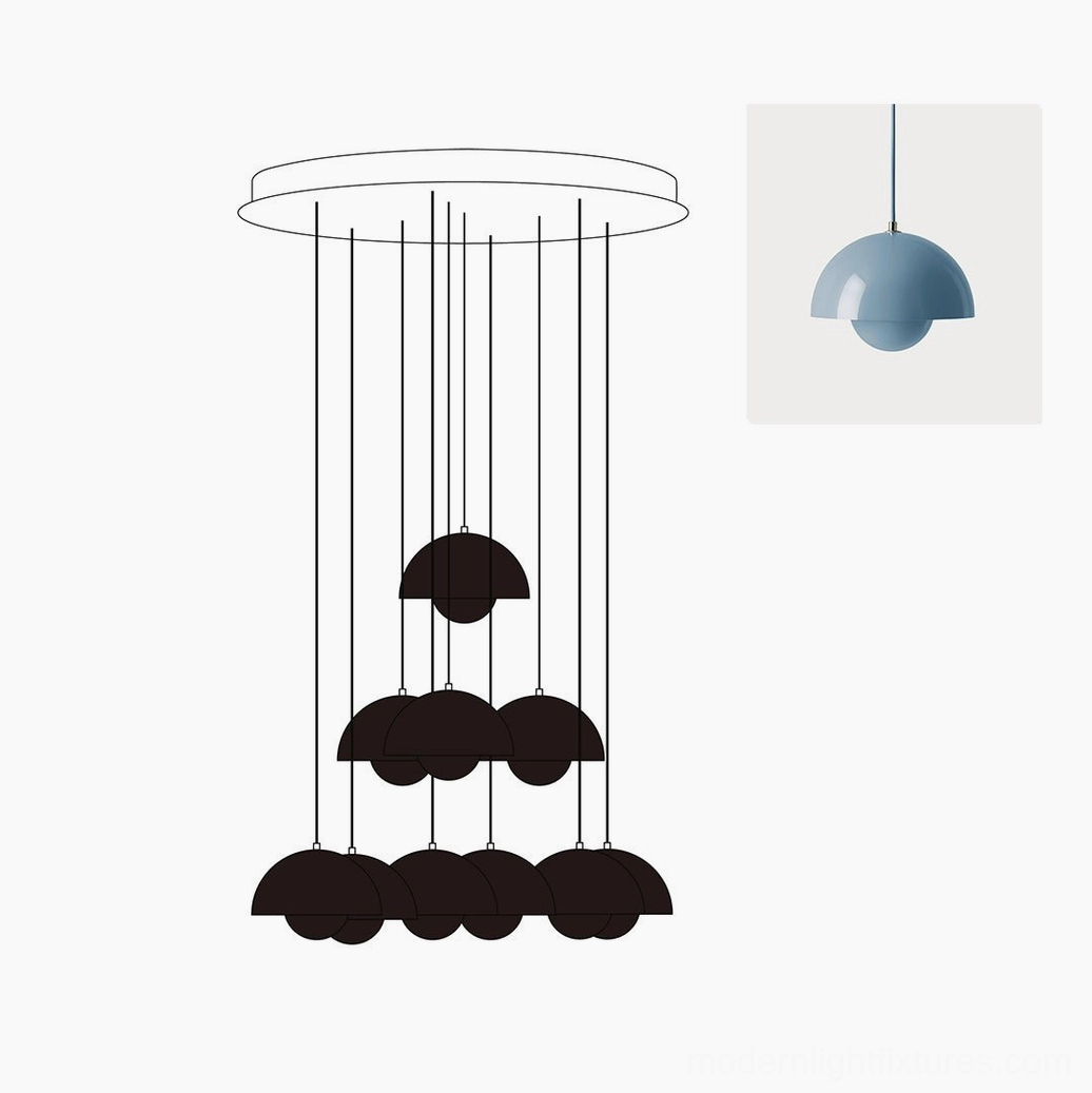Contemporary multi-head dome pendant chandelier showing artistic light distribution and sculptural appeal