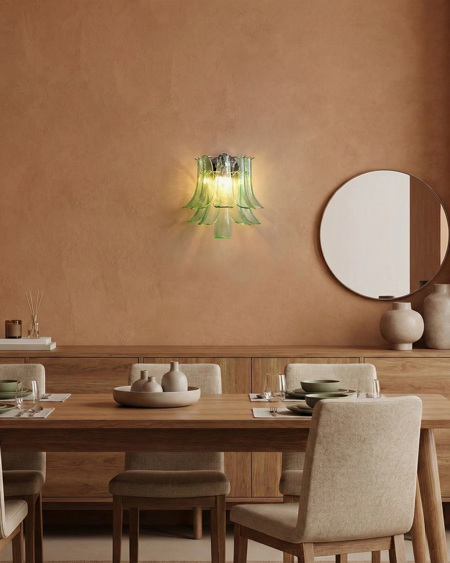 Artistic petal wall sconce with light transmission, demonstrating the interplay of shadow and luminous glow through layered glass petals