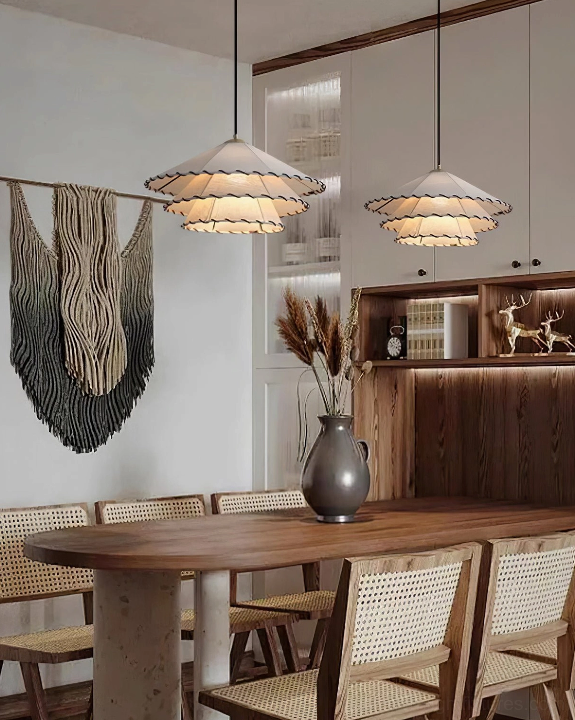 Artistic plug-in pendant light with ruffled fabric shade creating focal point in contemporary dining room