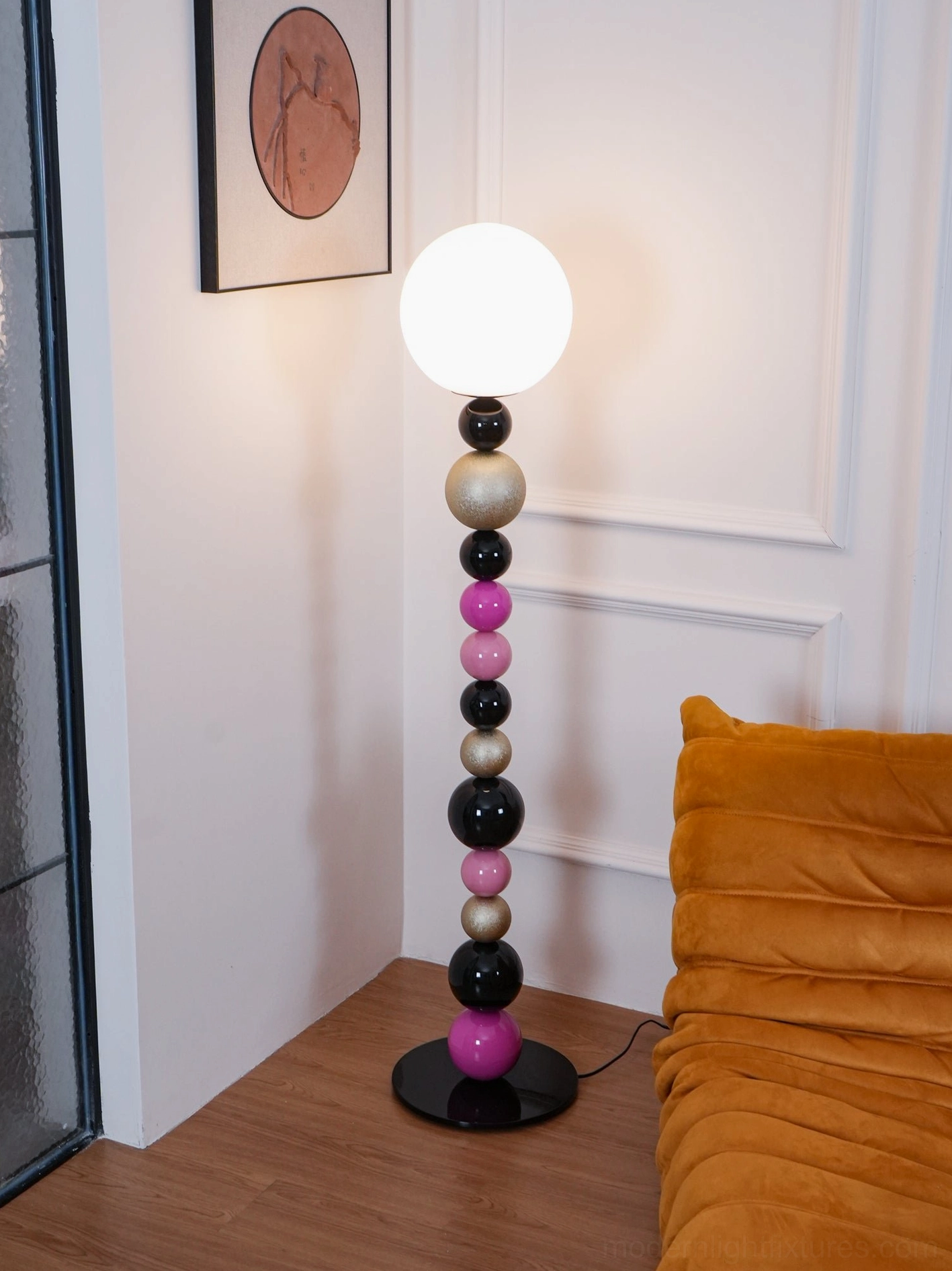 Sculptural beaded ball floor lamp with multicolor spheres creating artistic focal point, contemporary design