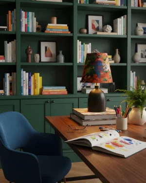 Modern table lamp on wooden desk in home study room, black base with patterned shade providing warm ambient lighting