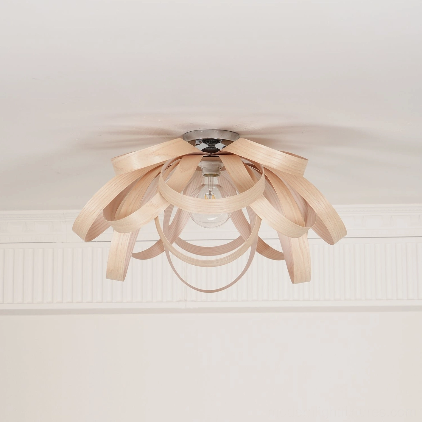 Artistic wooden petal ceiling light focal point modern living room