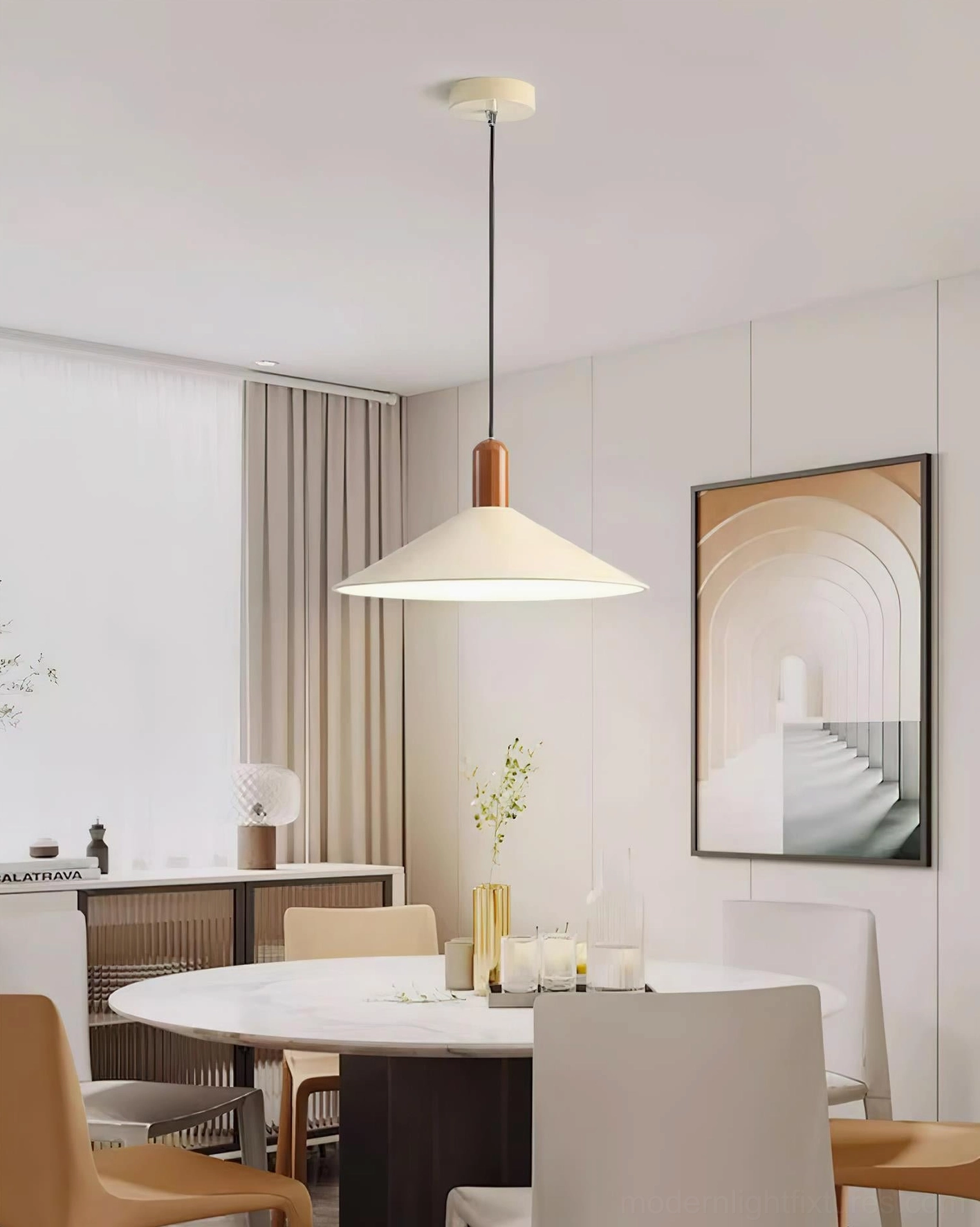 Arundel pendant light in modern home dining room, wide perspective showing contemporary minimalist interior design