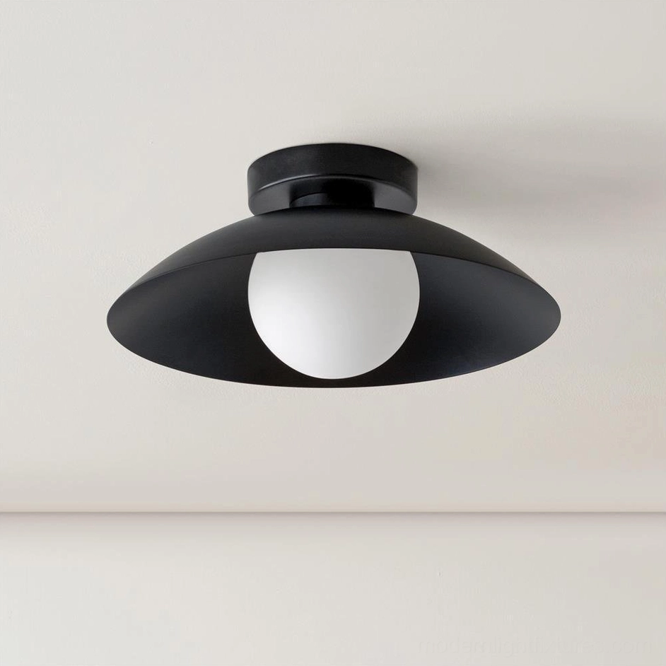 Arundel Orb black metal dome flush mount ceiling light with white glass globe