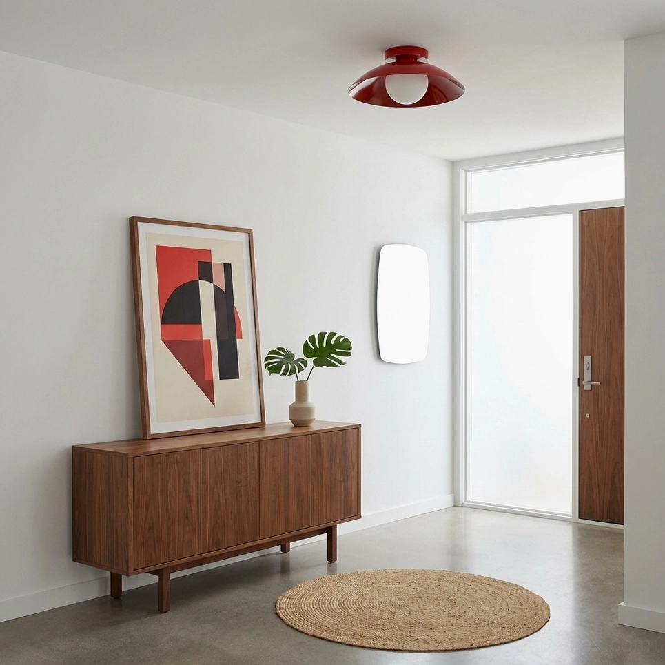 Arundel Orb modern ceiling fixture in burgundy finish - wide-angle entryway interior view