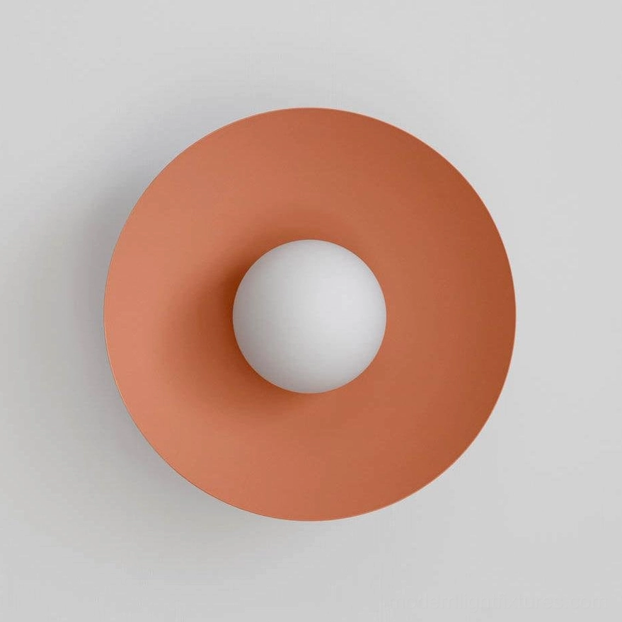 Arundel Orb disc-shaped ceiling fixture with terracotta finish and spherical bulb - overhead view