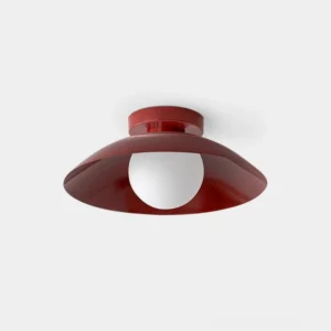Arundel Orb flush mount ceiling light with burgundy metal dome and white glass globe - front product view