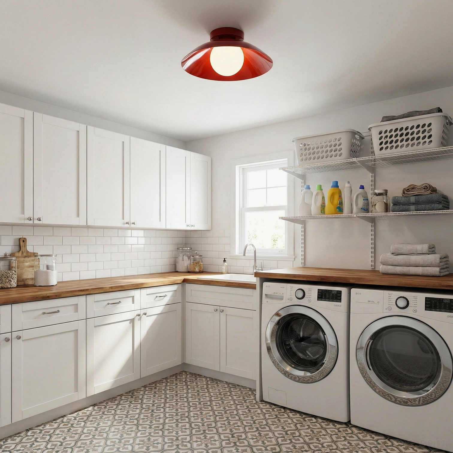 Arundel Orb burgundy modern ceiling light in contemporary laundry room with white cabinetry
