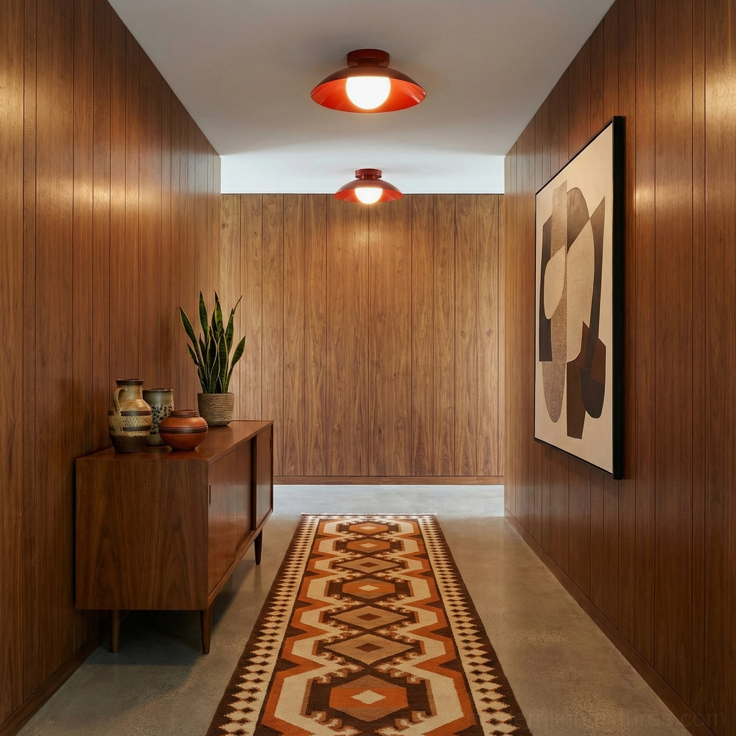Dual Arundel Orb burgundy flush mount ceiling lights in mid-century modern hallway with wooden panels