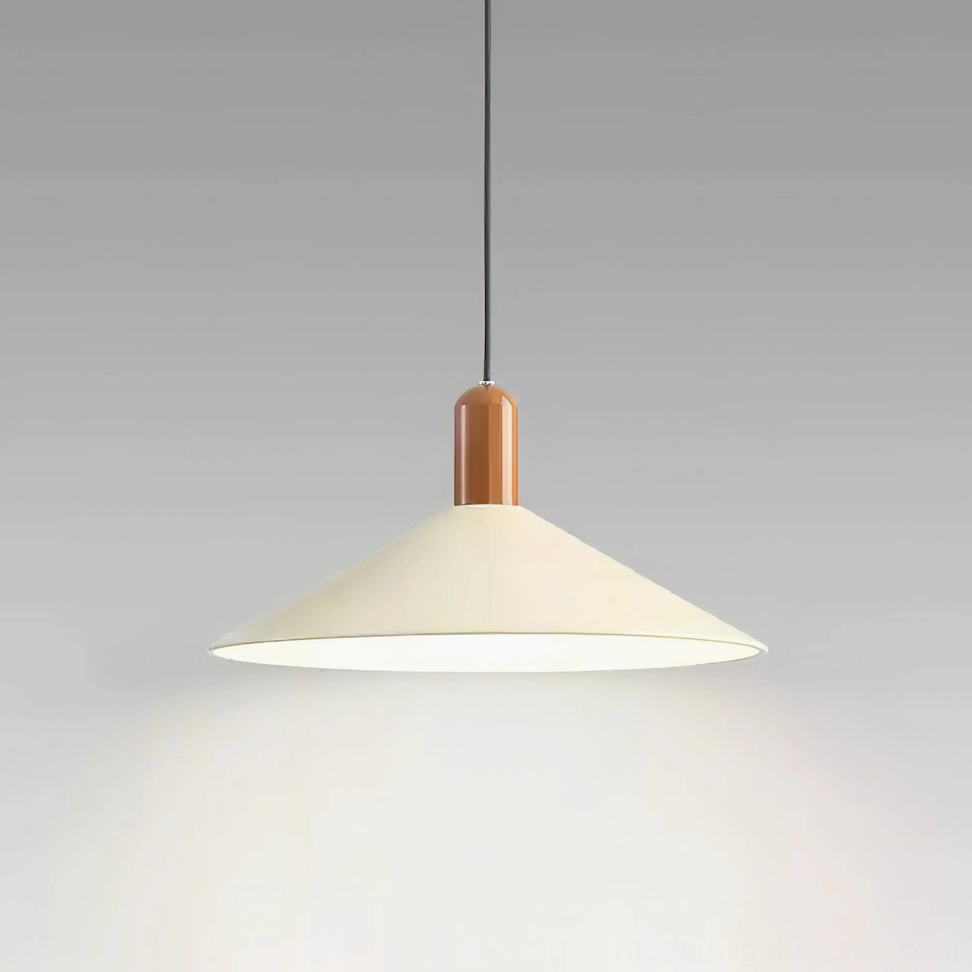 Arundel contemporary cone pendant light close-up, matte off-white shade with wooden accent cap detail