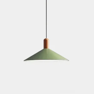 Arundel minimalist cone pendant light with matte green metal shade and wooden accent cap, frontal studio view