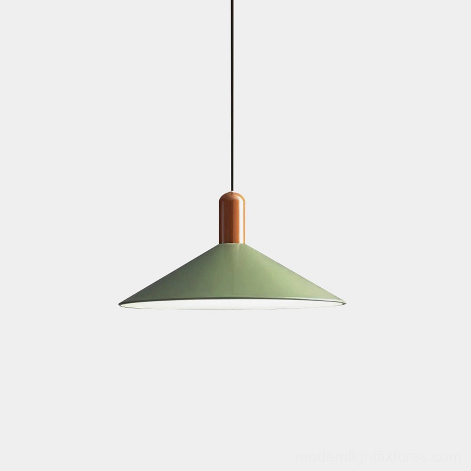 Arundel minimalist cone pendant light with matte green metal shade and wooden accent cap, frontal studio view