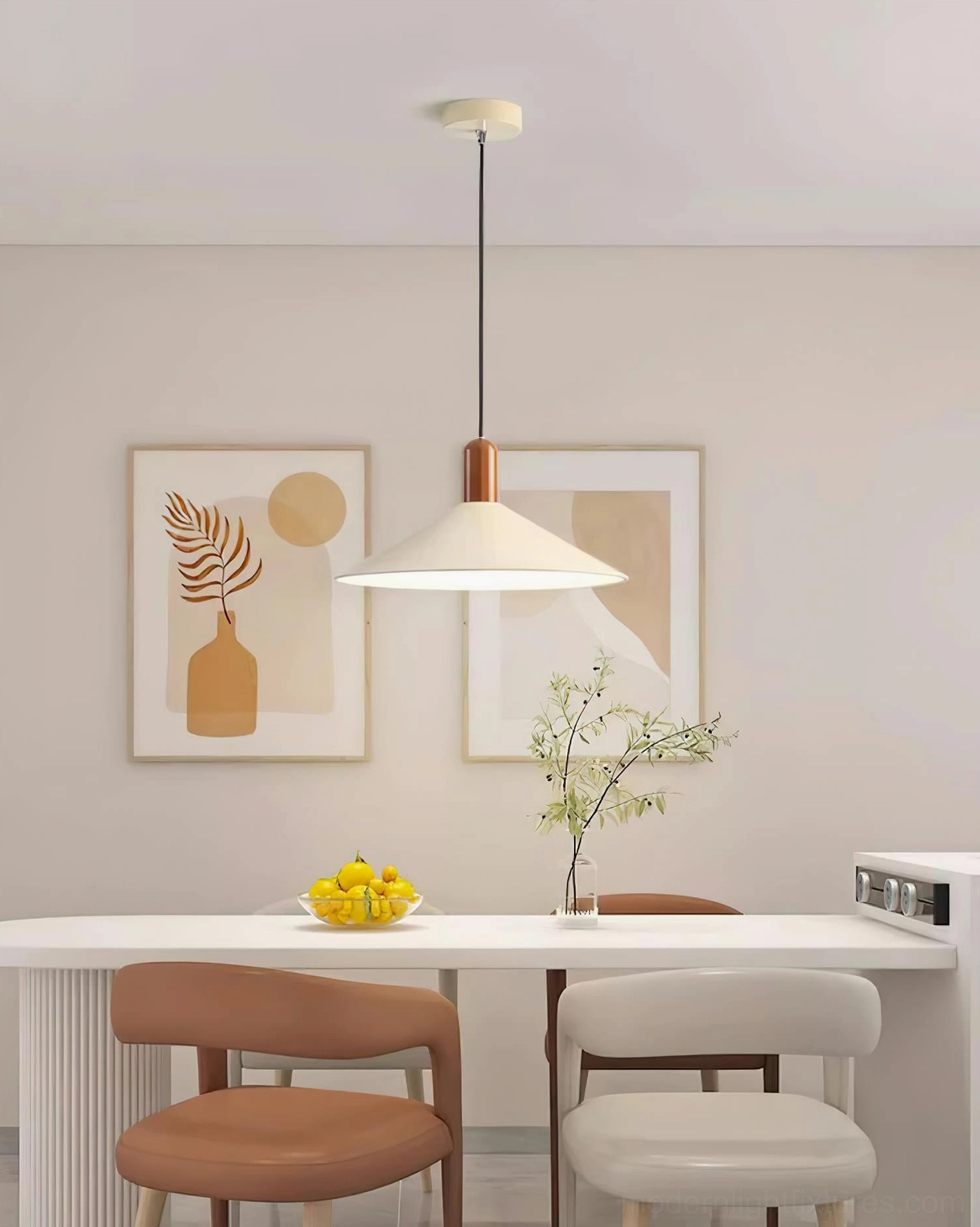 Arundel contemporary pendant lamp in warm minimalist kitchen dining area, overhead interior setting