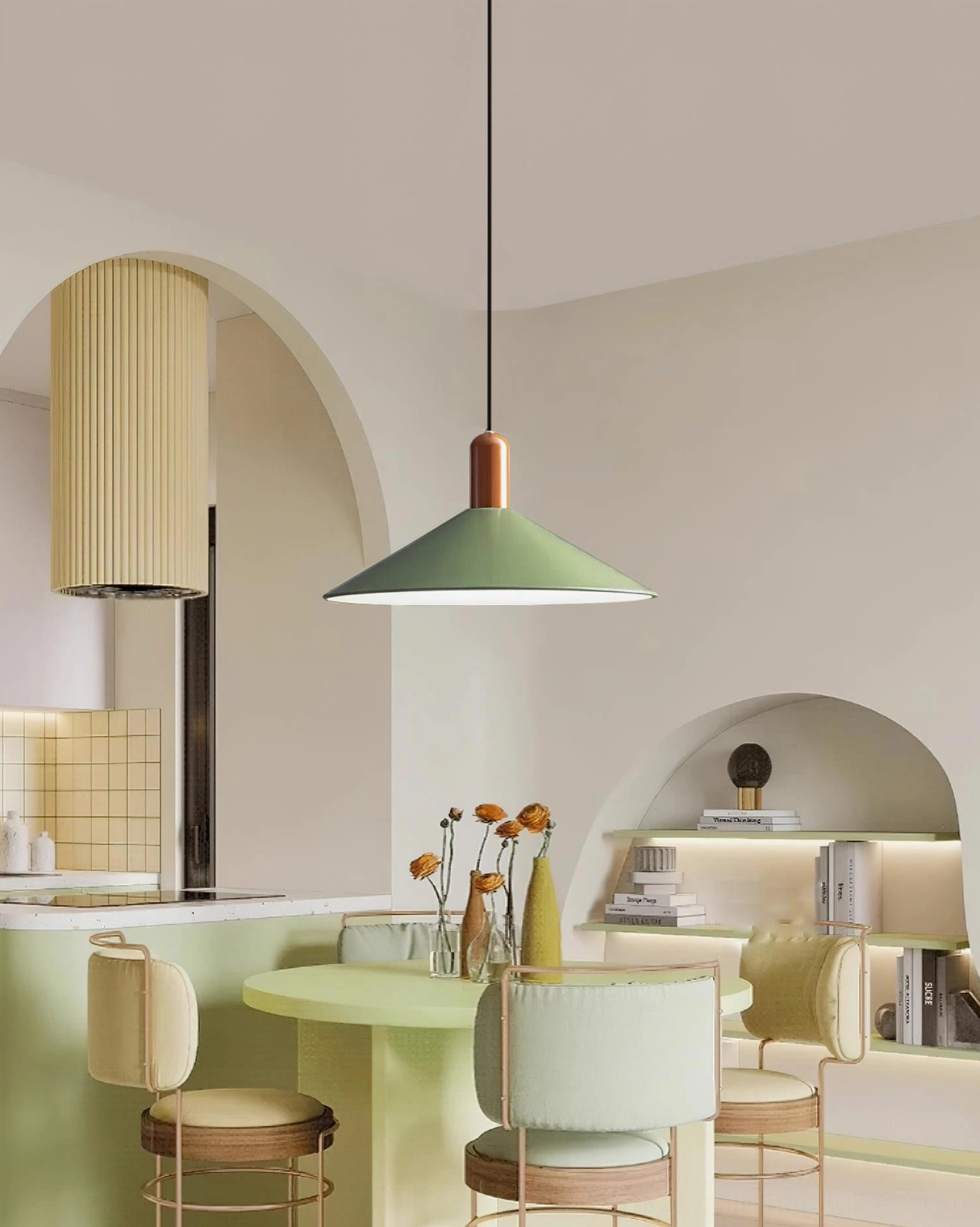 Arundel contemporary cone pendant light product display, minimalist design with wooden accent cap