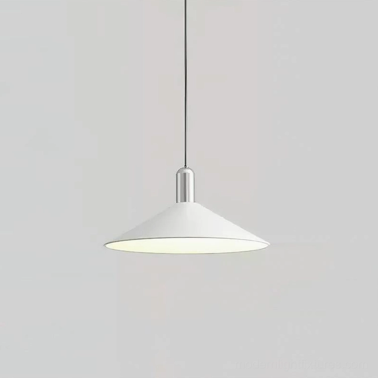 Arundel minimalist pendant light in white finish, wide-brim cone shade with wooden accent top cap