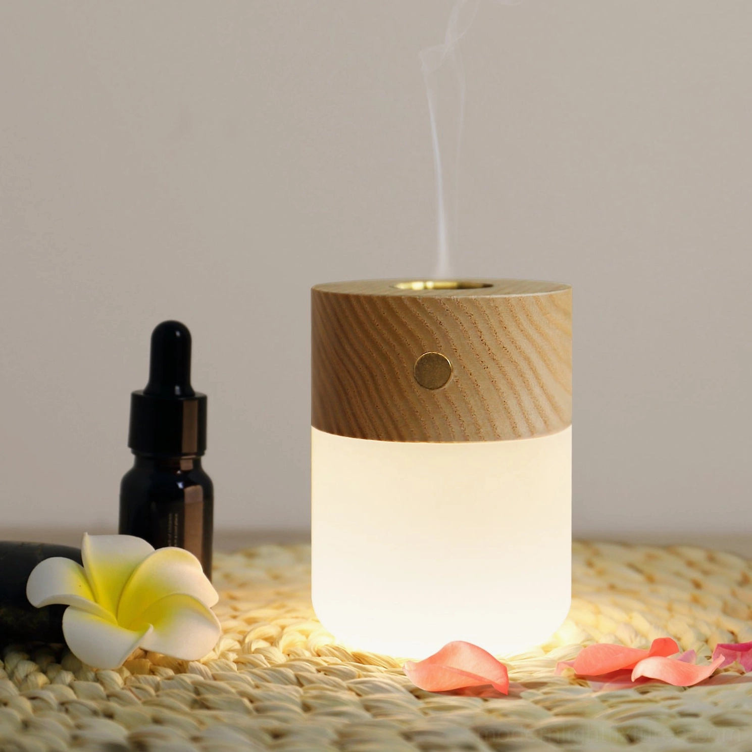 Ash wood and frosted white aroma diffuser table lamp with integrated touch switch control