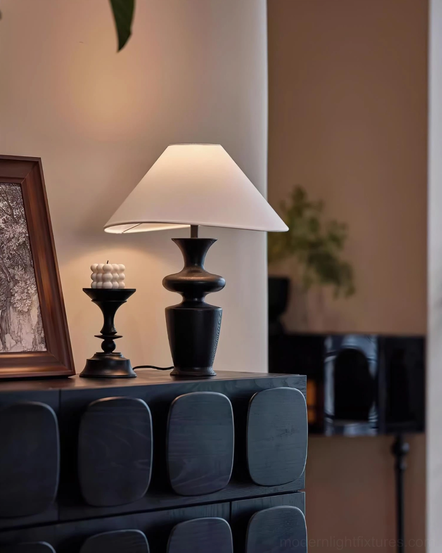 Ash wood minimalist table lamp with fabric shade, detail view showing natural wood grain texture and refined craftsmanship