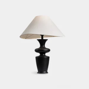 Minimalist ash wood table lamp with white tapered fabric shade, frontal studio view on white background, black wood base option also available