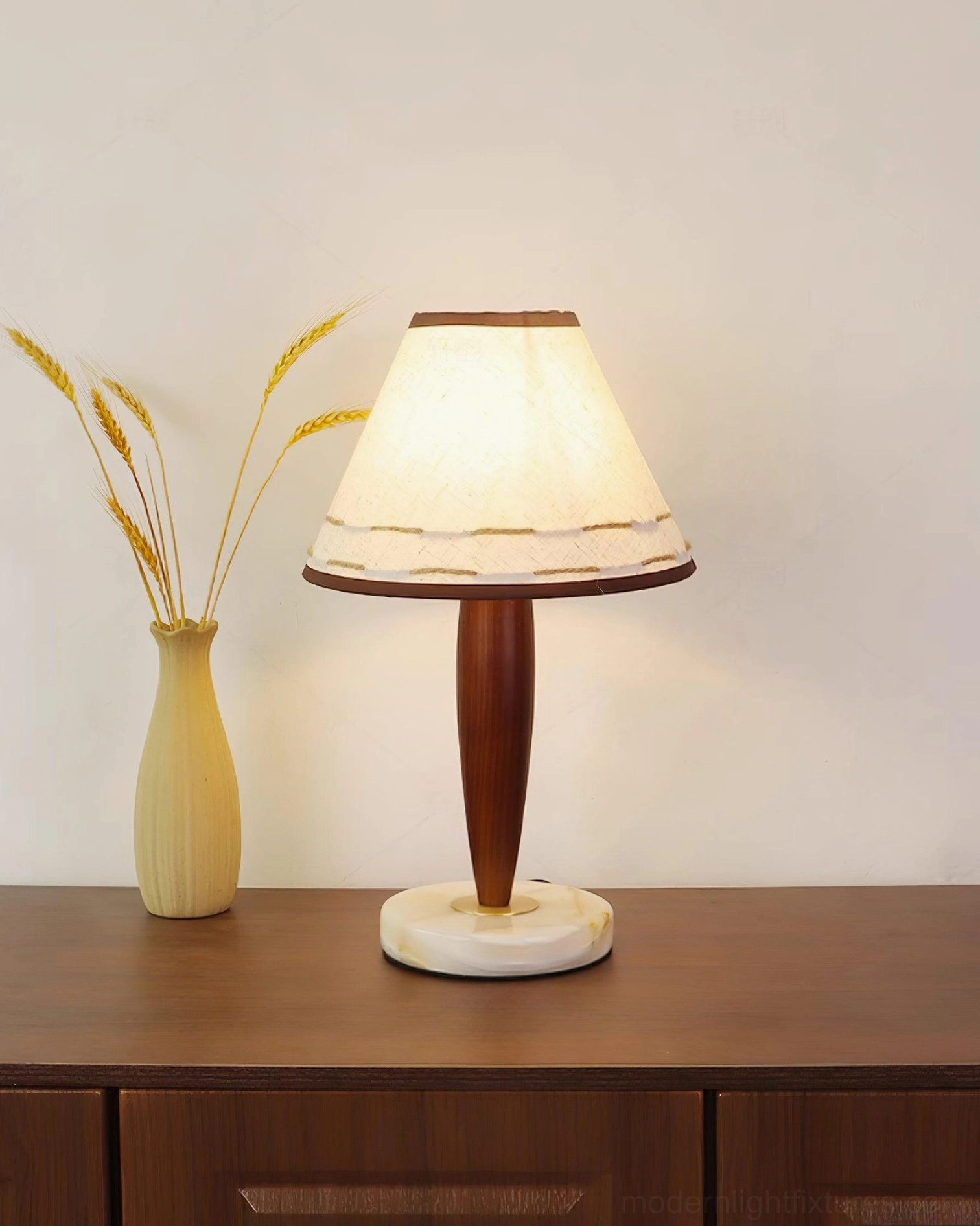 Ash wood and terracotta lamp pole detail - premium wood grain texture and construction quality